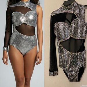 Glamour solo dance costume metallic silver bedazzled bling LA-Large adult